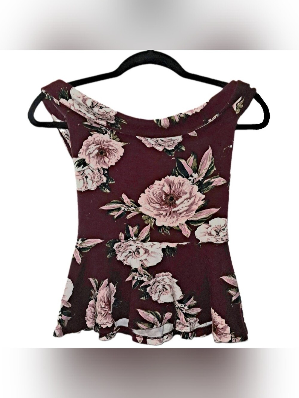Charlotte Russe Off-Shoulder Floral Peplum Top - Burgundy with Pink Blooms Small